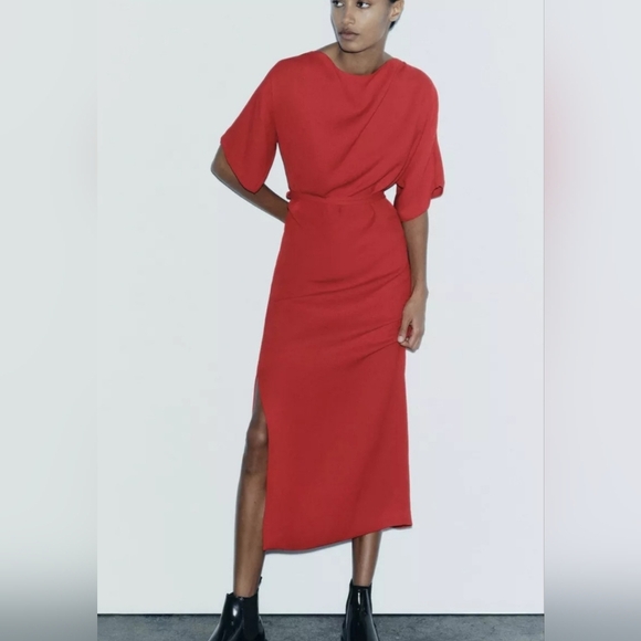 Zara ZW Collection Red Belted Long Dress Wide Neck Side Slit Size XS - Picture 15 of 16